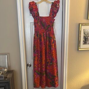 Vibrant Red and Orange Ruffled Maxi Sundress